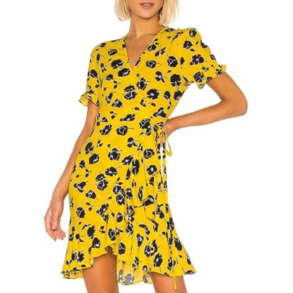Diane Von Furstenberg Yellow Floral Wrap Dress with Black Print